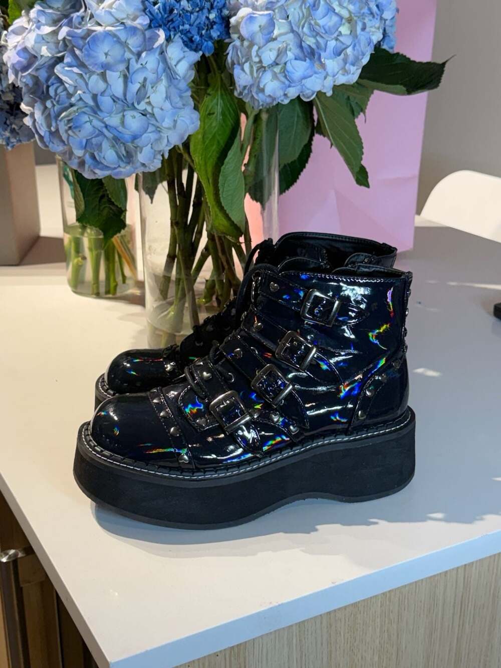 Demonia Emily-315 Black Holo Patent Heart Stud Platform Ankle Boots